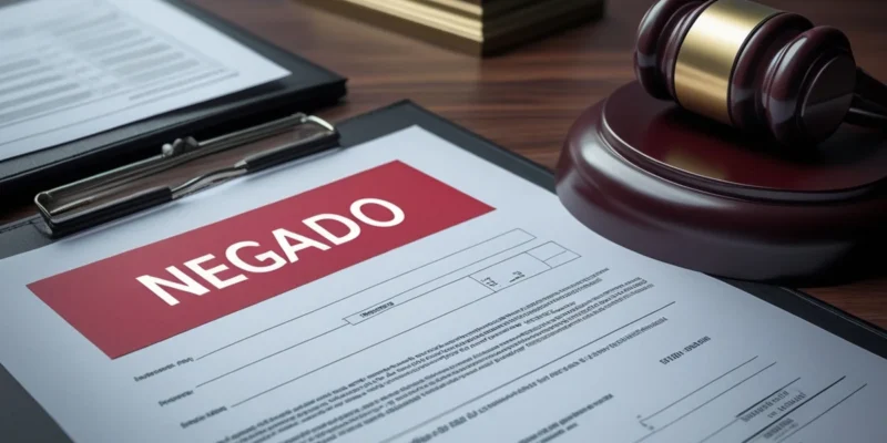 Documento de apólice de seguro com carimbo de "negado" ao lado de um martelo de juiz, representando a contestação judicial.