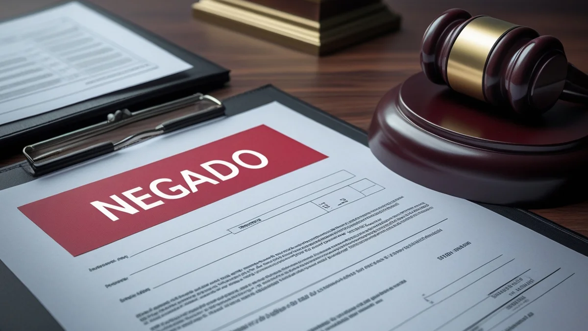 Documento de apólice de seguro com carimbo de "negado" ao lado de um martelo de juiz, representando a contestação judicial.