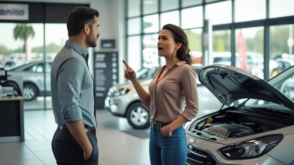 Consumidor insatisfeito conversando com vendedor em revenda de veículos sobre problemas mecânicos no carro usado.