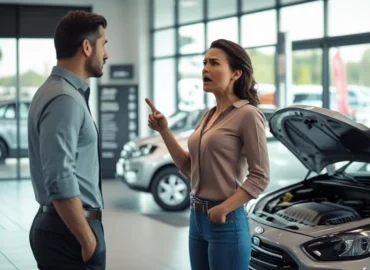 Consumidor insatisfeito conversando com vendedor em revenda de veículos sobre problemas mecânicos no carro usado.
