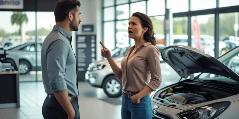 Consumidor insatisfeito conversando com vendedor em revenda de veículos sobre problemas mecânicos no carro usado.
