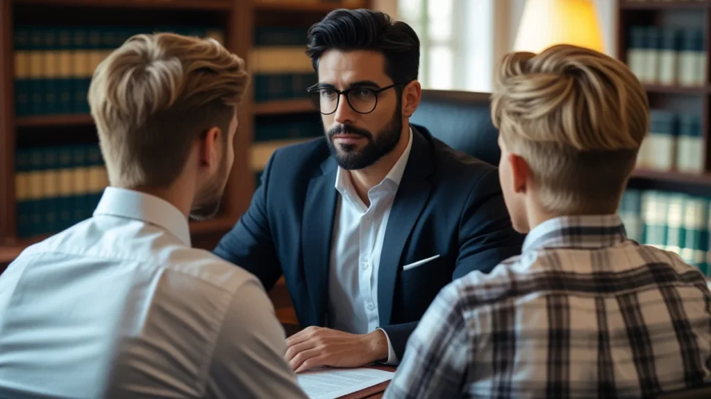 Advogado explicando a divisão de bens em uma reunião com irmãos sobre processo de inventário e partilha.