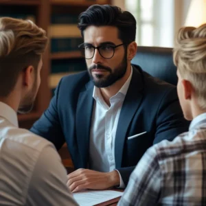 Advogado explicando a divisão de bens em uma reunião com irmãos sobre processo de inventário e partilha.