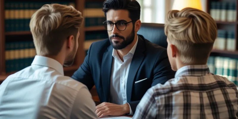 Advogado explicando a divisão de bens em uma reunião com irmãos sobre processo de inventário e partilha.