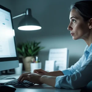 Pessoa aguardando com expectativa em frente ao computador, representando a espera pelos prazos de um processo de consumo.