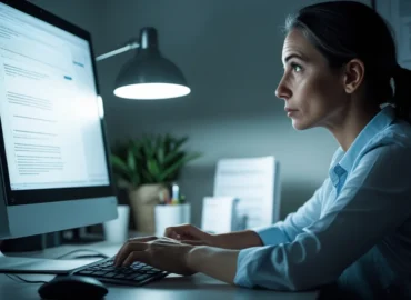 Pessoa aguardando com expectativa em frente ao computador, representando a espera pelos prazos de um processo de consumo.