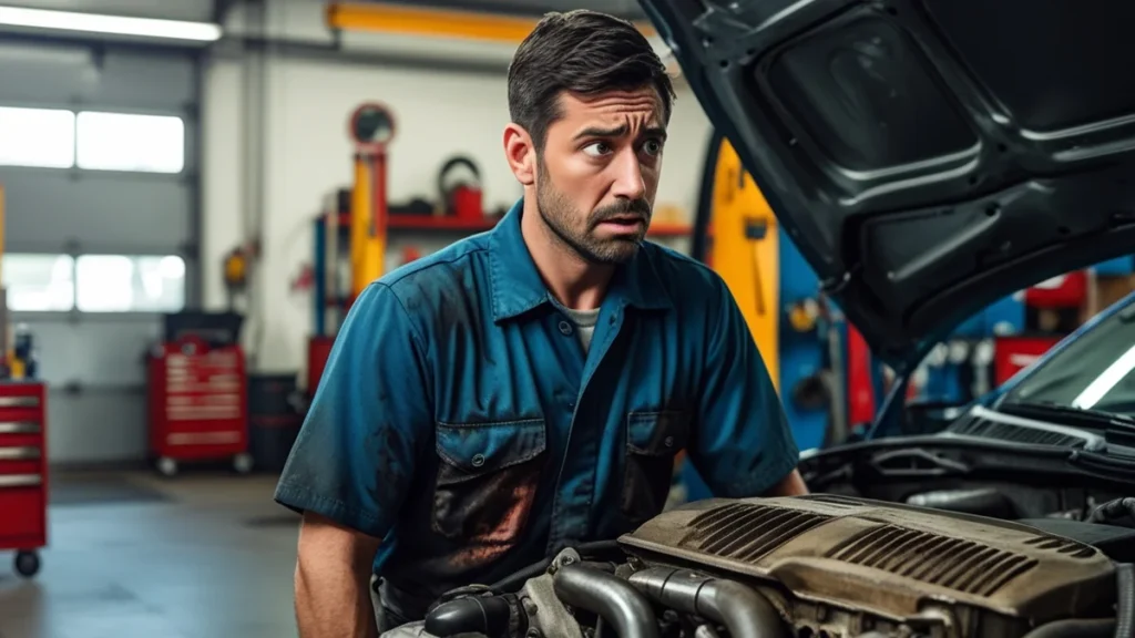 Consumidor preocupado ao lado de carro com capô aberto, representando dúvida sobre garantia e defeitos em veículos usados.