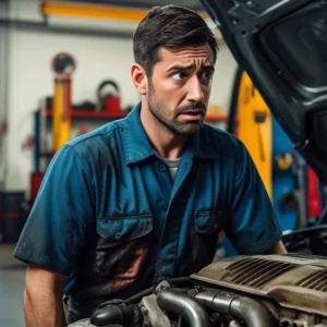 Consumidor preocupado ao lado de carro com capô aberto, representando dúvida sobre garantia e defeitos em veículos usados.