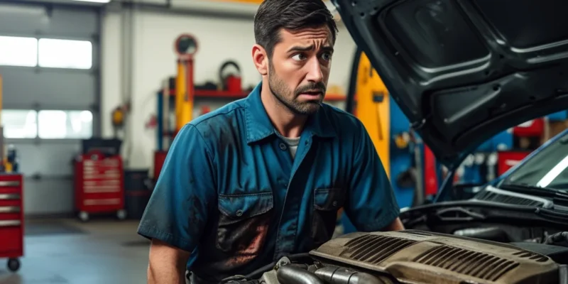 Consumidor preocupado ao lado de carro com capô aberto, representando dúvida sobre garantia e defeitos em veículos usados.