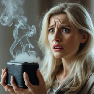 Consumidor segurando um eletrônico com defeito e analisando documento de garantia, representando direitos em produtos usados.