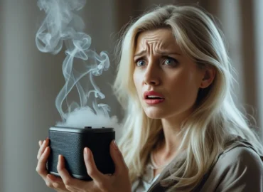 Consumidor segurando um eletrônico com defeito e analisando documento de garantia, representando direitos em produtos usados.