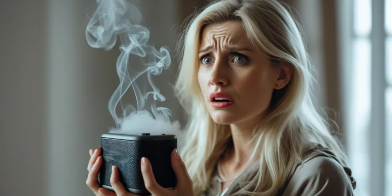 Consumidor segurando um eletrônico com defeito e analisando documento de garantia, representando direitos em produtos usados.