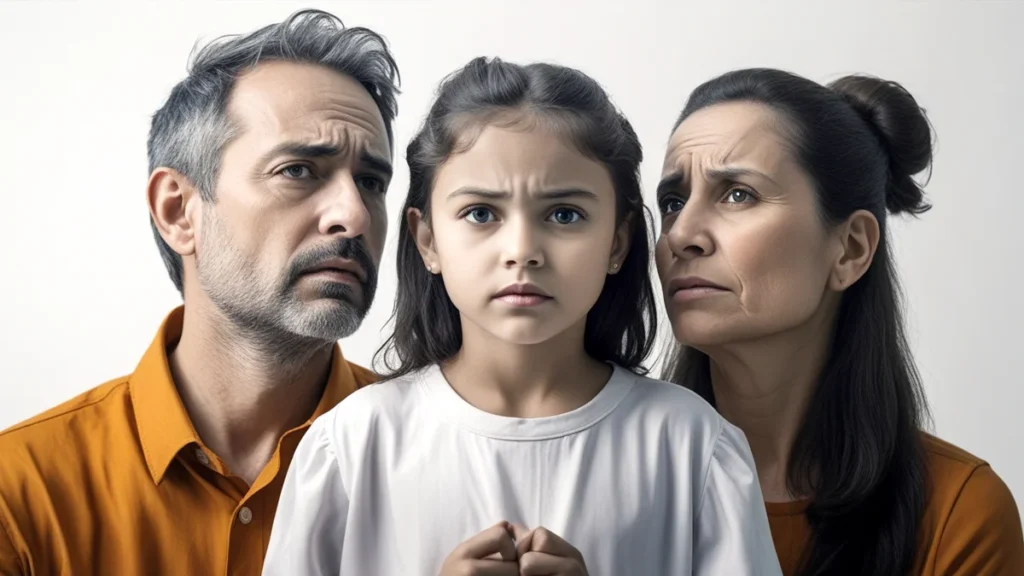 Representação visual da guarda compartilhada: pais em lados opostos com foco central no bem-estar do filho.