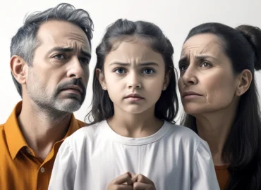 Representação visual da guarda compartilhada: pais em lados opostos com foco central no bem-estar do filho.