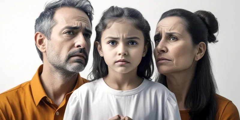 Representação visual da guarda compartilhada: pais em lados opostos com foco central no bem-estar do filho.