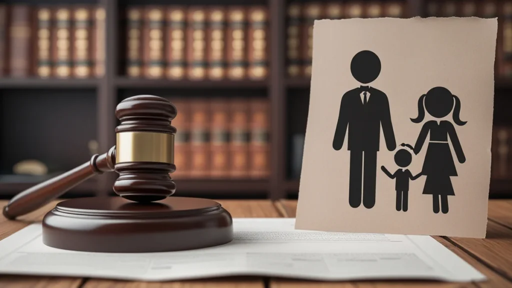 Foto de um martelo de juiz ao lado de um desenho de família, simbolizando decisões sobre guarda compartilhada.