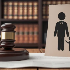 Foto de um martelo de juiz ao lado de um desenho de família, simbolizando decisões sobre guarda compartilhada.