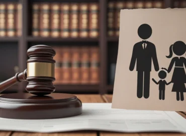 Foto de um martelo de juiz ao lado de um desenho de família, simbolizando decisões sobre guarda compartilhada.