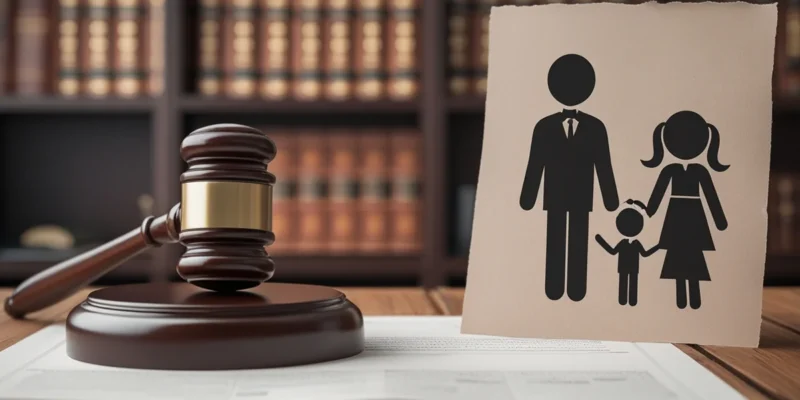 Foto de um martelo de juiz ao lado de um desenho de família, simbolizando decisões sobre guarda compartilhada.