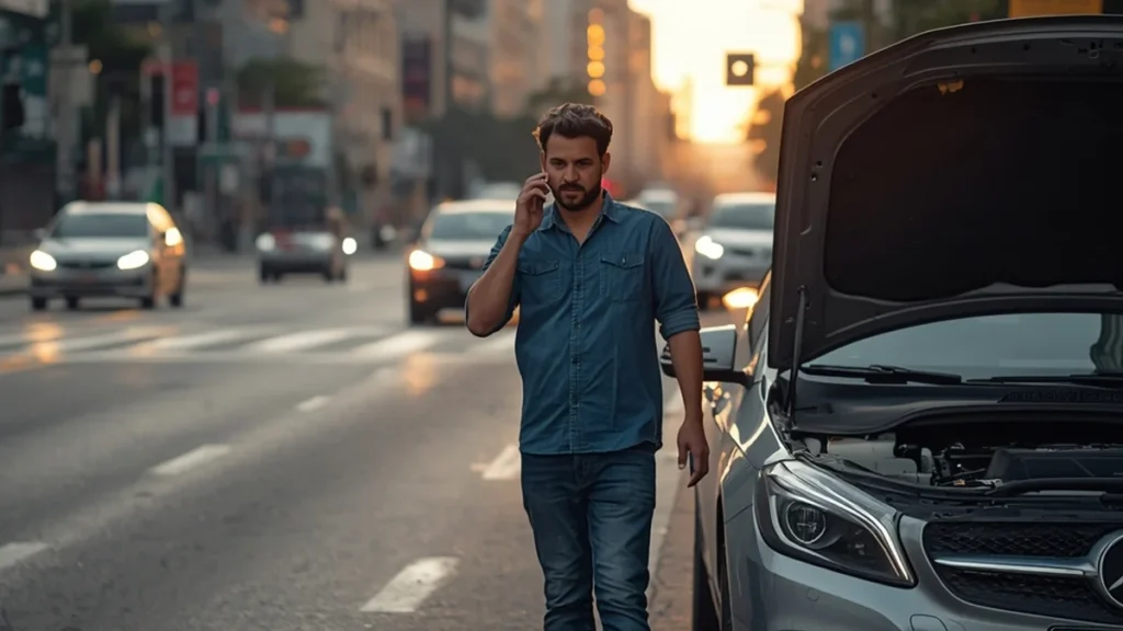 Motorista preocupado ao lado de carro parado em SP, representando a dúvida sobre negativa de seguro e vício pré-existente.