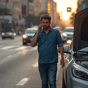 Motorista preocupado ao lado de carro parado em SP, representando a dúvida sobre negativa de seguro e vício pré-existente.