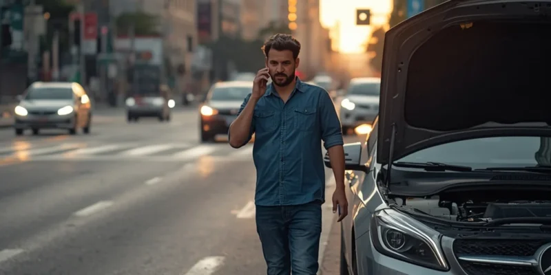 Motorista preocupado ao lado de carro parado em SP, representando a dúvida sobre negativa de seguro e vício pré-existente.