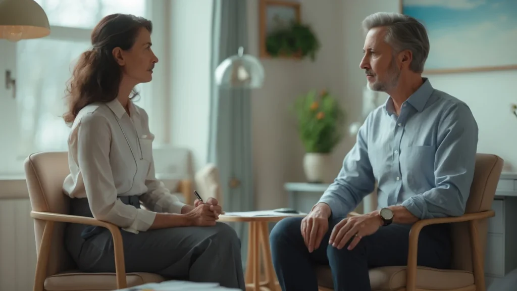 Pessoa em atendimento terapêutico conversando com profissional, ilustrando o direito à continuidade do tratamento.