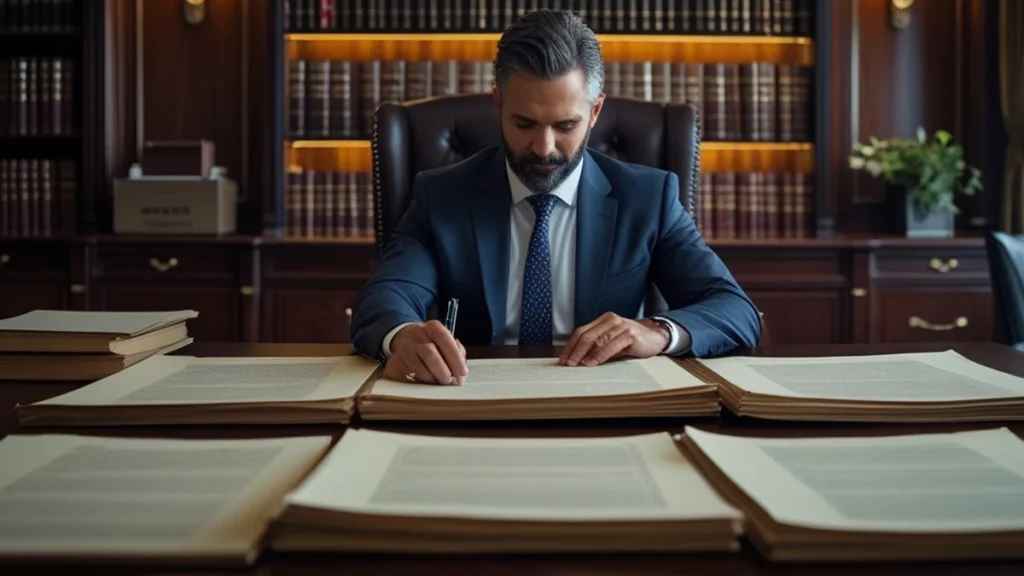 Advogado em escritório em São Paulo analisando documentos de planejamento patrimonial e proteção de bens.