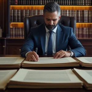 Advogado em escritório em São Paulo analisando documentos de planejamento patrimonial e proteção de bens.