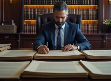 Advogado em escritório em São Paulo analisando documentos de planejamento patrimonial e proteção de bens.