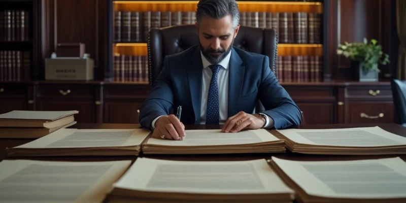 Advogado em escritório em São Paulo analisando documentos de planejamento patrimonial e proteção de bens.