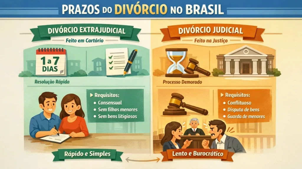 Infográfico sobre os prazos do divórcio no Brasil, comparando as modalidades extrajudicial e judicial.