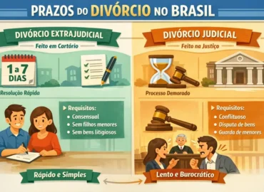 Infográfico sobre os prazos do divórcio no Brasil, comparando as modalidades extrajudicial e judicial.