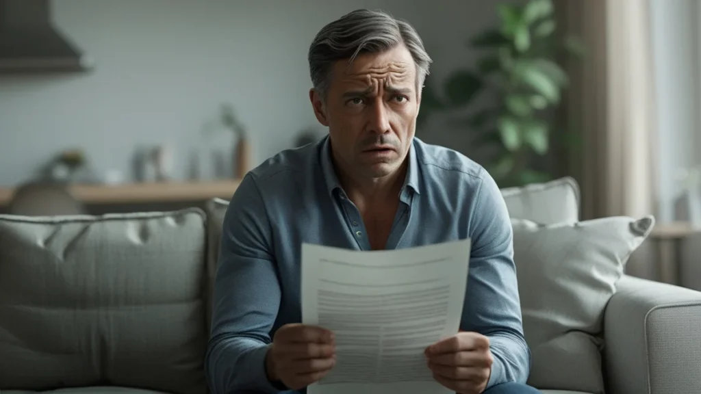 Trabalhador preocupado analisando holerite após transferência de setor, representando redução indireta de salário.