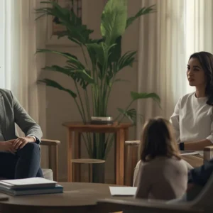 Representação de uma reunião de mediação familiar ou supervisão de visitas em ambiente acolhedor.