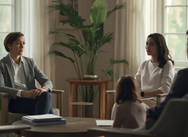 Representação de uma reunião de mediação familiar ou supervisão de visitas em ambiente acolhedor.