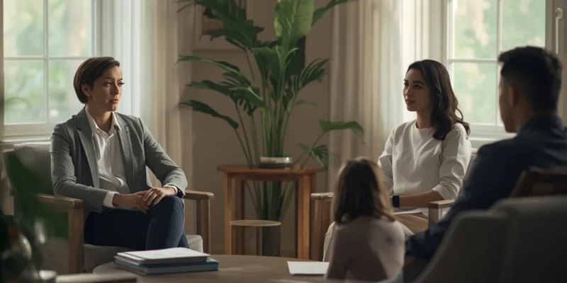 Representação de uma reunião de mediação familiar ou supervisão de visitas em ambiente acolhedor.