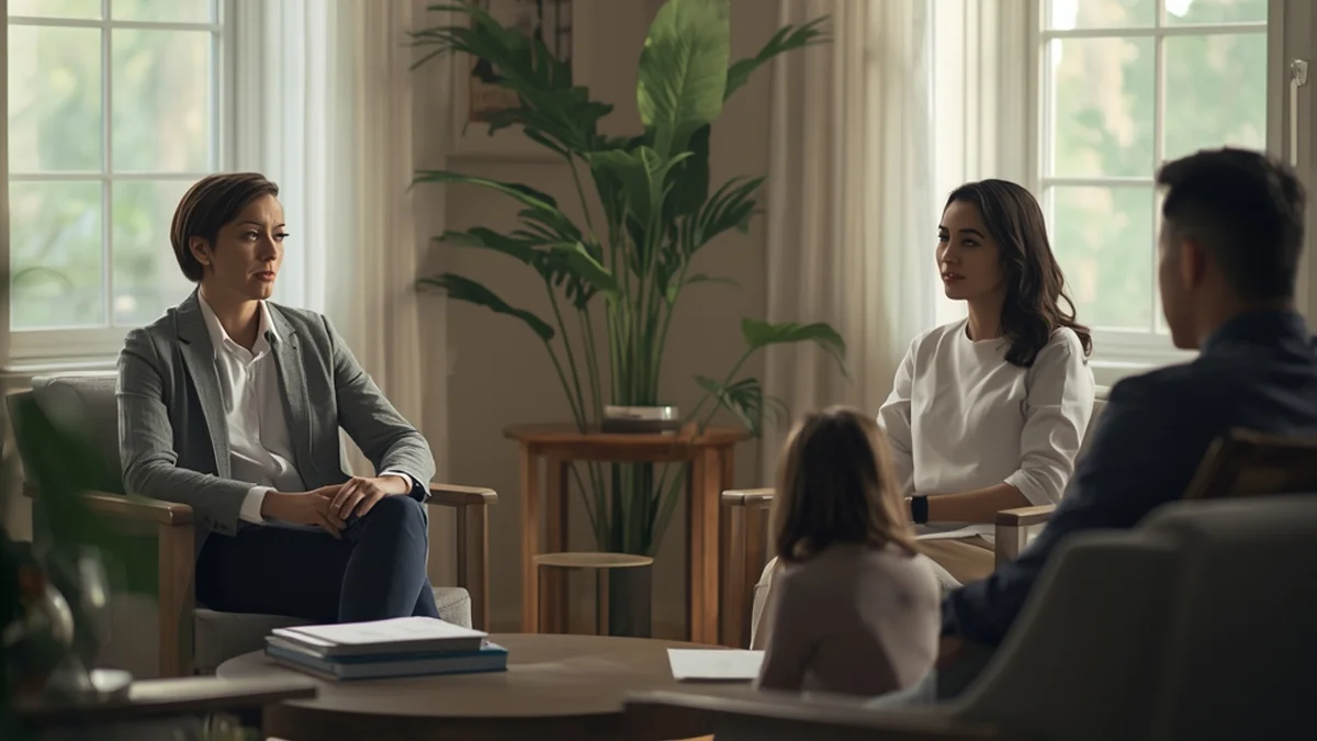 Representação de uma reunião de mediação familiar ou supervisão de visitas em ambiente acolhedor.