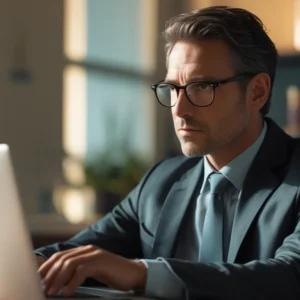 Advogado em escritório em São Paulo analisando documentos sobre bloqueio de conta bancária indevido no computador.