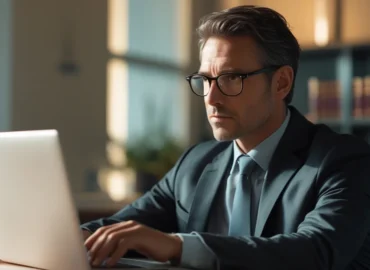 Advogado em escritório em São Paulo analisando documentos sobre bloqueio de conta bancária indevido no computador.