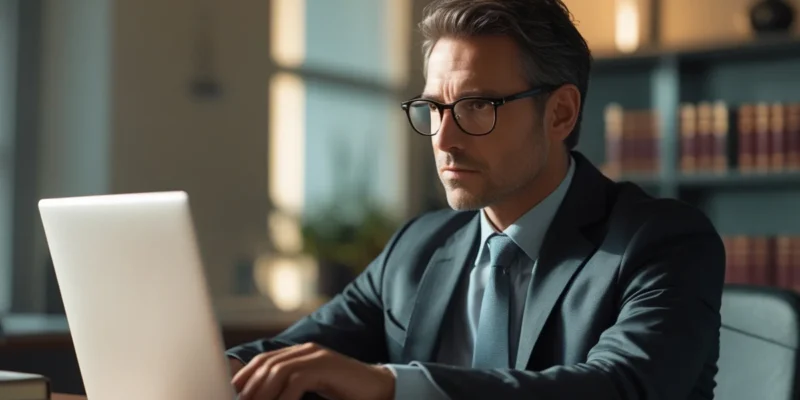 Advogado em escritório em São Paulo analisando documentos sobre bloqueio de conta bancária indevido no computador.