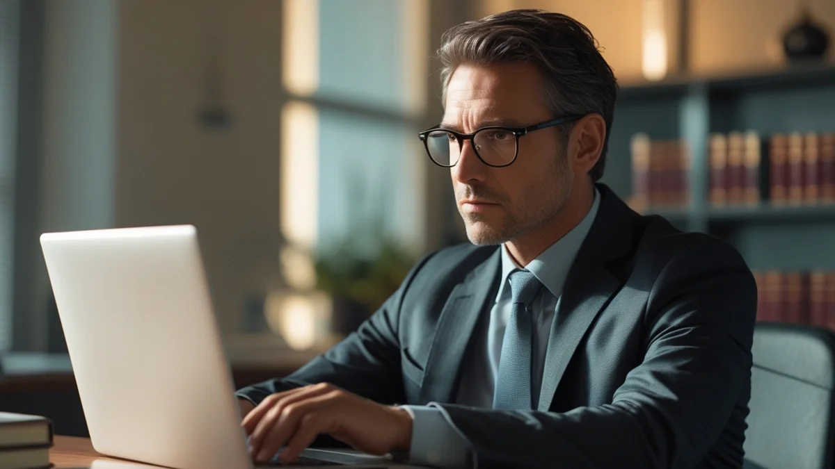 Advogado em escritório em São Paulo analisando documentos sobre bloqueio de conta bancária indevido no computador.
