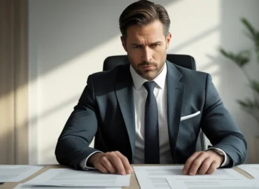 Advogado analisando documentos sobre bloqueio indevido de conta corrente em dispositivo móvel.