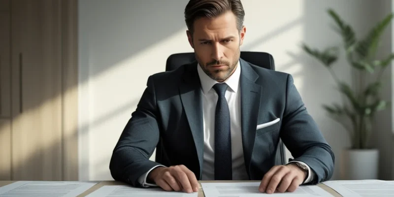 Advogado analisando documentos sobre bloqueio indevido de conta corrente em dispositivo móvel.