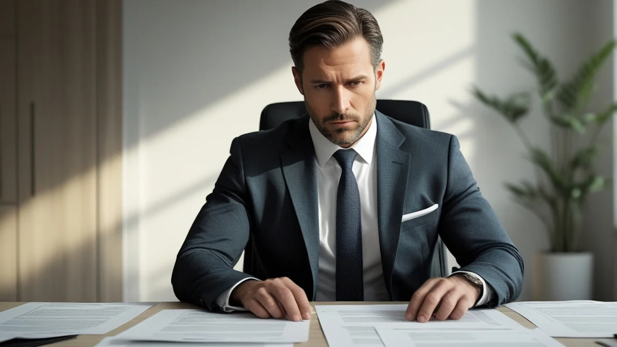 Advogado analisando documentos sobre bloqueio indevido de conta corrente em dispositivo móvel.