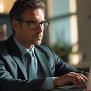 Advogado em São Paulo analisando caso de conta de rede social invadida em um notebook e celular.