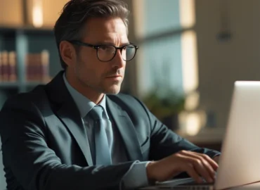 Advogado em São Paulo analisando caso de conta de rede social invadida em um notebook e celular.