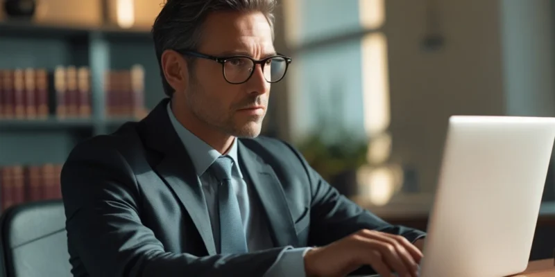 Advogado em São Paulo analisando caso de conta de rede social invadida em um notebook e celular.