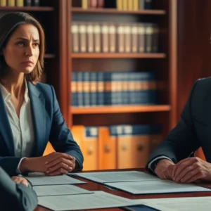 Advogado em reunião consultiva explicando direitos de testemunha sob ameaça em caso judicial em São Paulo.