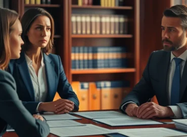 Advogado em reunião consultiva explicando direitos de testemunha sob ameaça em caso judicial em São Paulo.